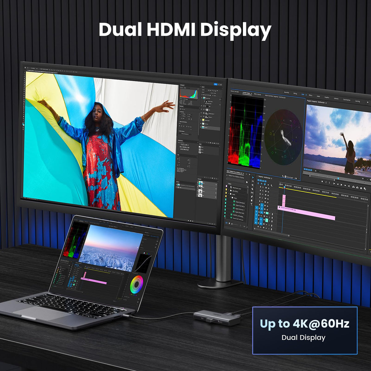 UGREEN HDMI ports detail highlighting dual-monitor productivity benefit