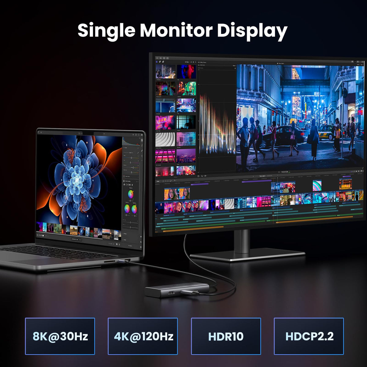 UGREEN dock connected to dual monitors demonstrating multitasking boost