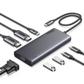 UGREEN docking station front view showing ports and organized workspace benefit