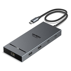 UGREEN docking station front view showing all ports and compact design for desk organization