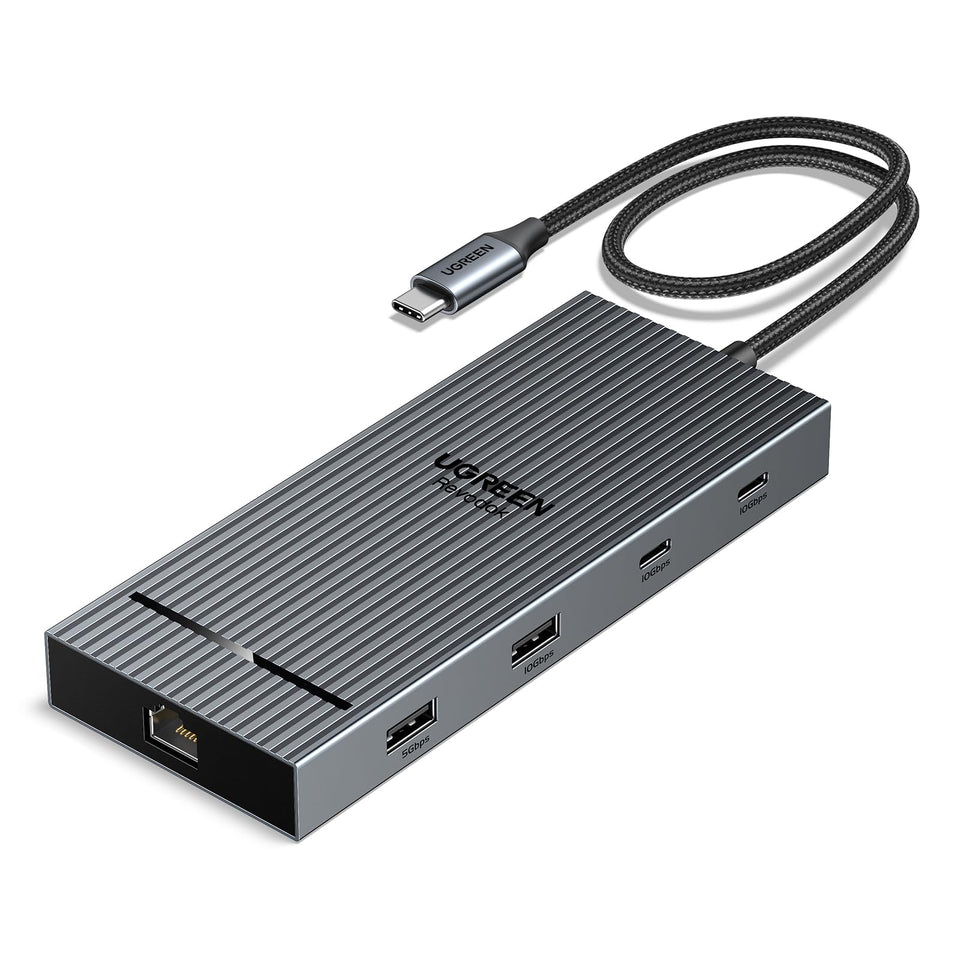 UGREEN docking station front view showing all ports and compact design for desk organization