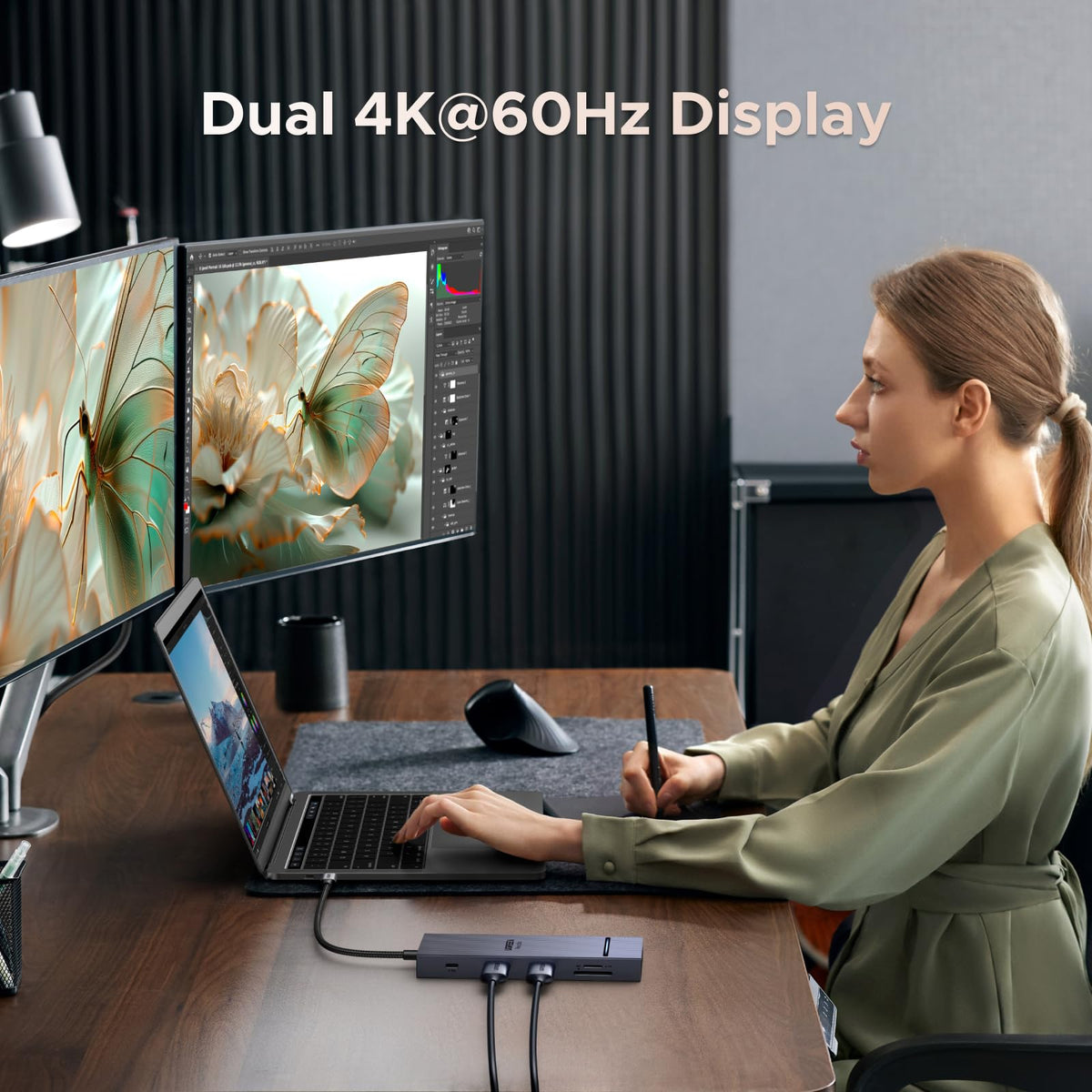 UGREEN connected to two monitors showing dual 4K capability for expanded workspace