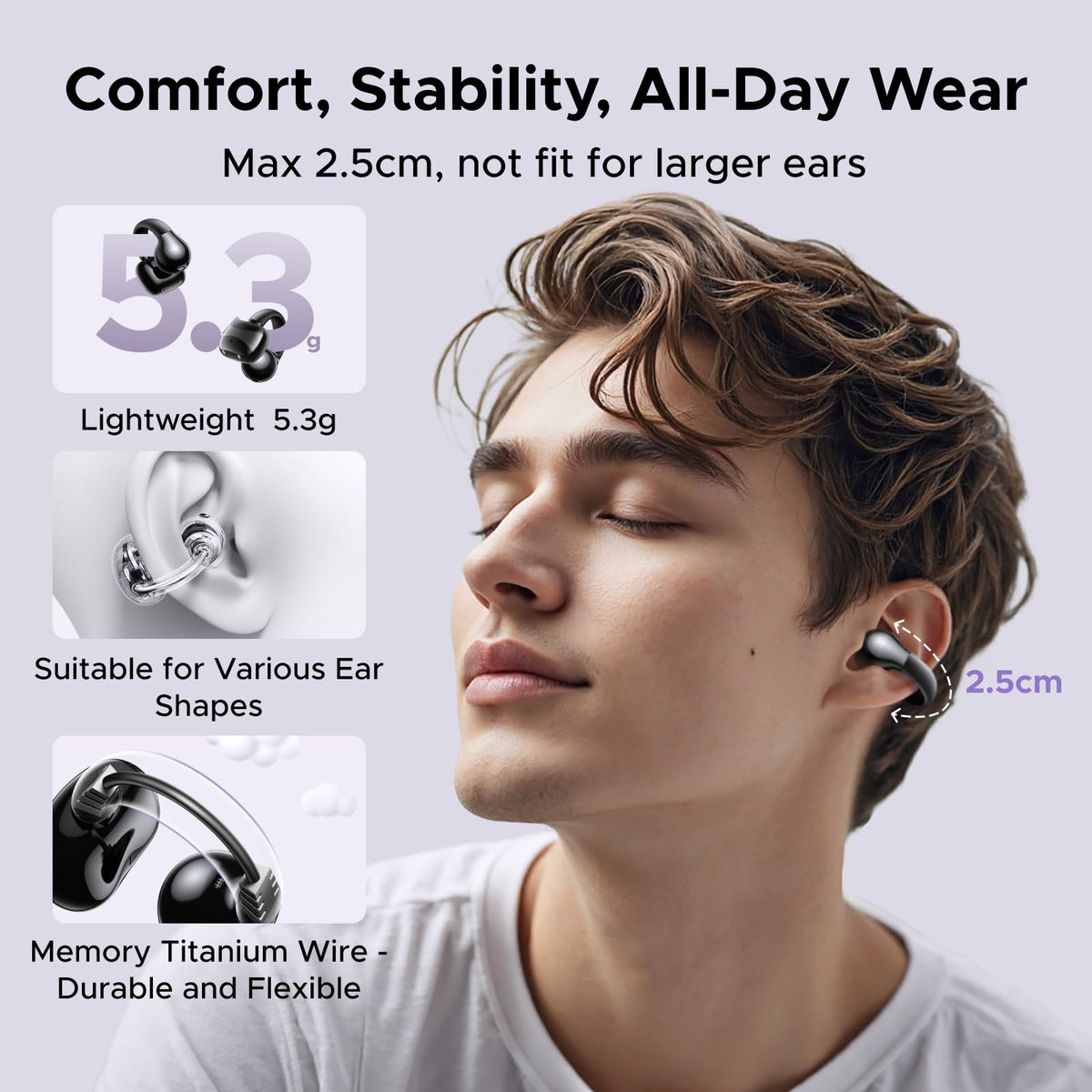 UGREEN close-up of ear clip, secure fit and comfort benefit