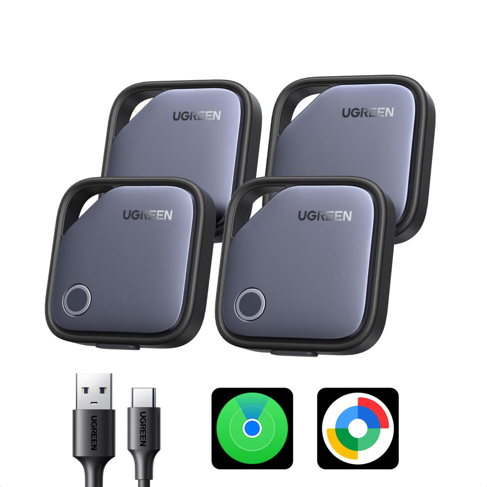 UGREEN Finder Duo front packaging showing 4-pack and feature badges for easy setup