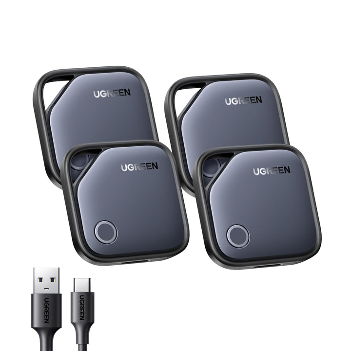 UGREEN FineTrack front packaging showing four rechargeable tags and benefits