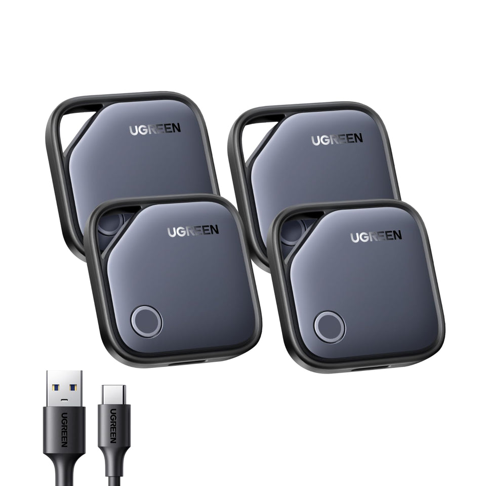 UGREEN FineTrack front packaging showing four rechargeable tags and benefits