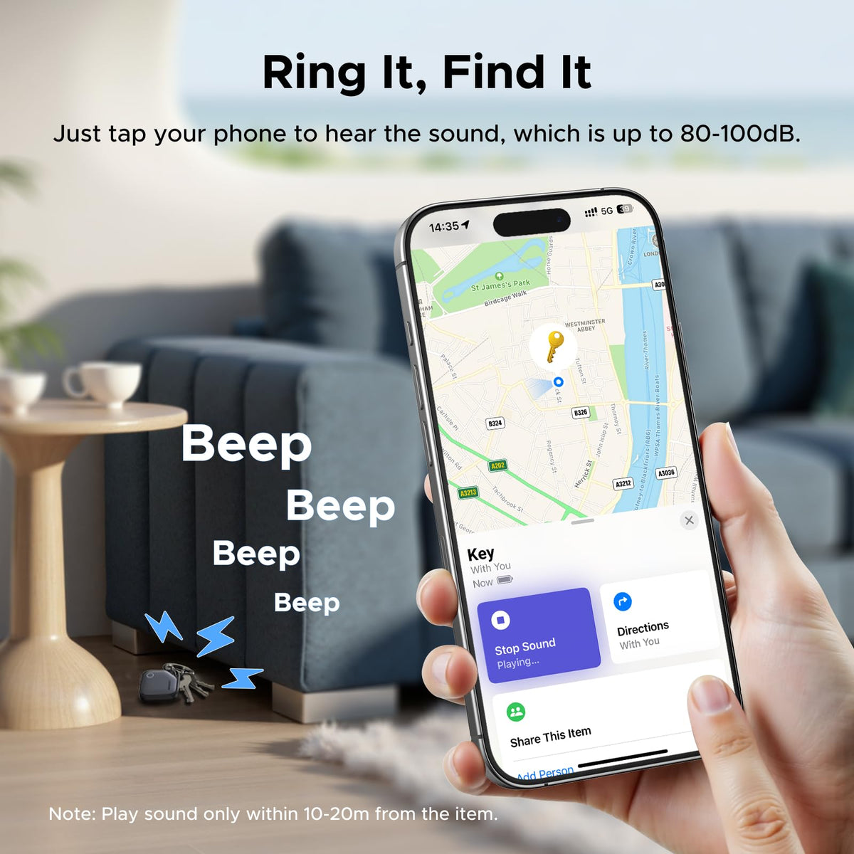 UGREEN FineTrack attached to keyring illustrating convenient everyday carry and fast item recovery