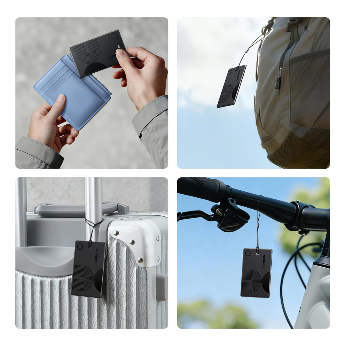 UGREEN FineTrack beside a credit card showing thin size for discreet carrying
