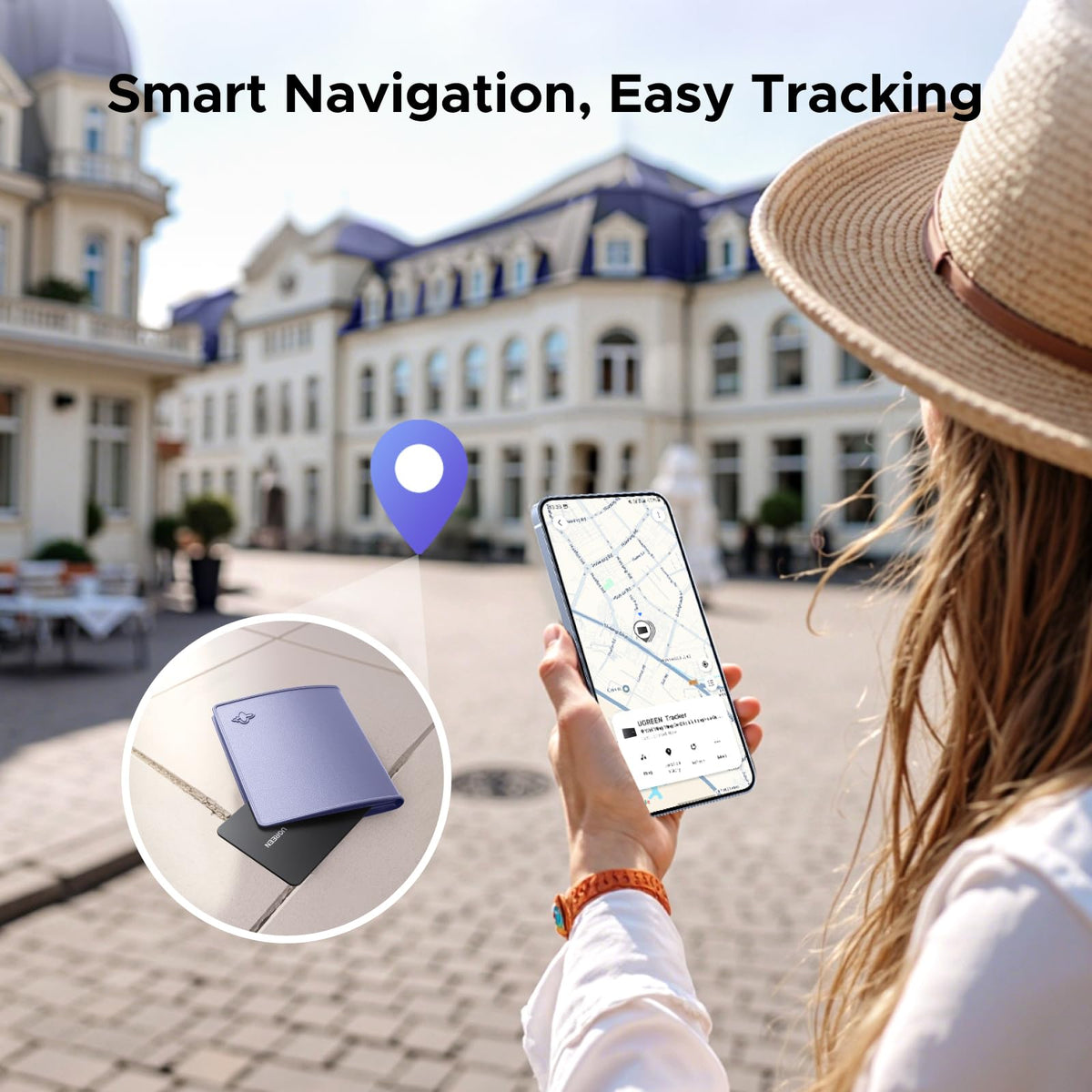 UGREEN FineTrack Slim S close-up of button and label benefit: intuitive control and pairing