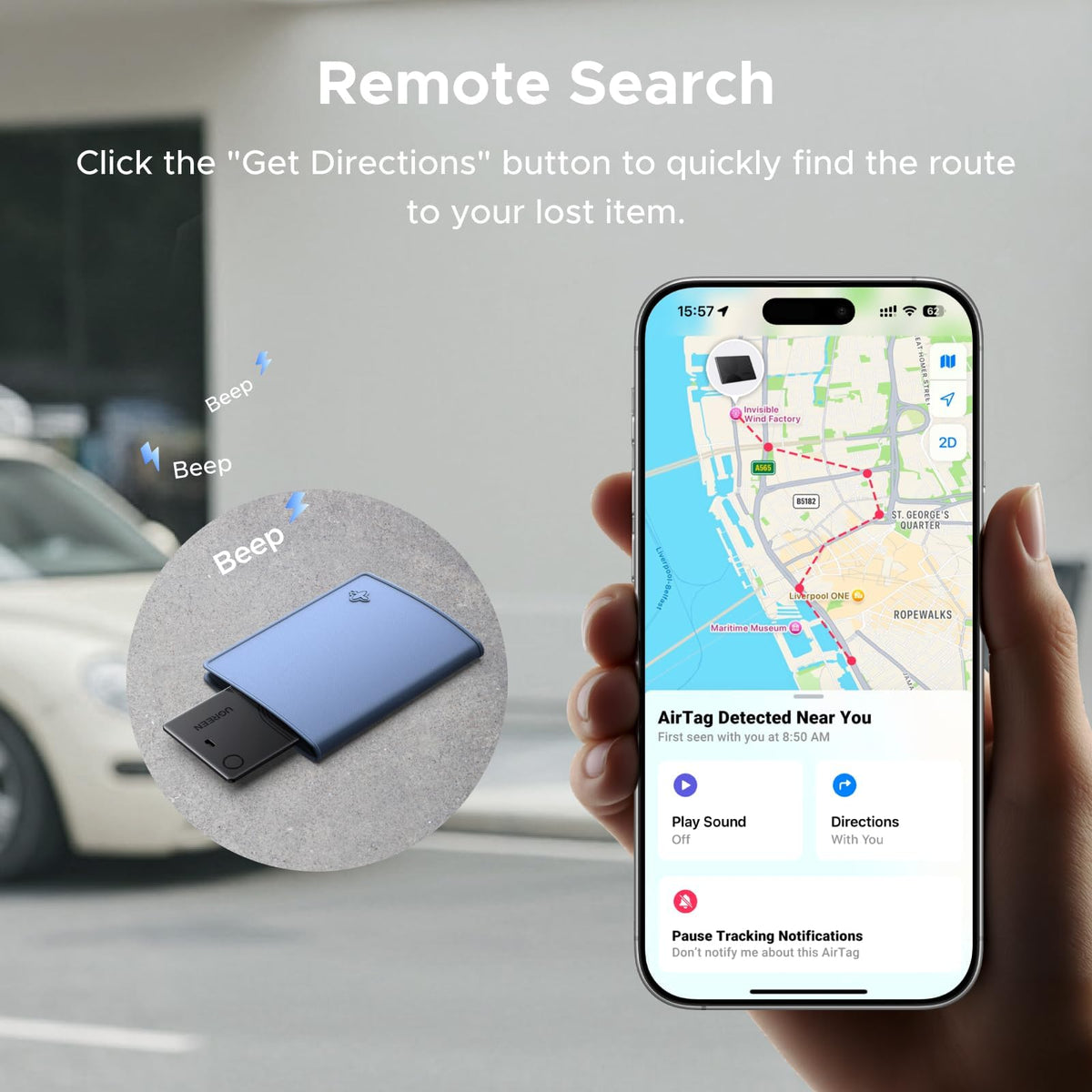 UGREEN FineTrack wallet-tracker-card displayed on Find My map for location