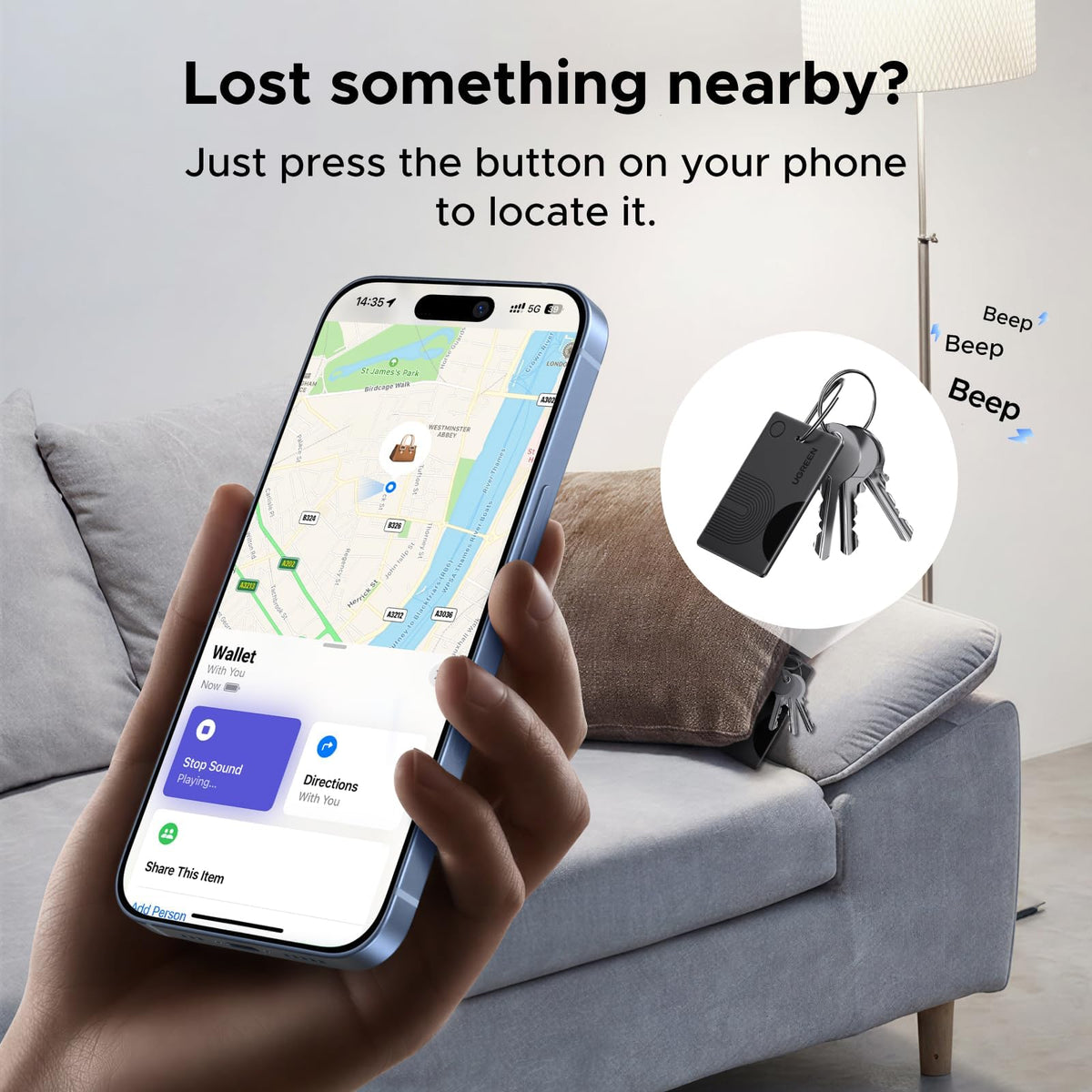 UGREEN FineTrack wallet-tracker-card with keys for everyday tracking