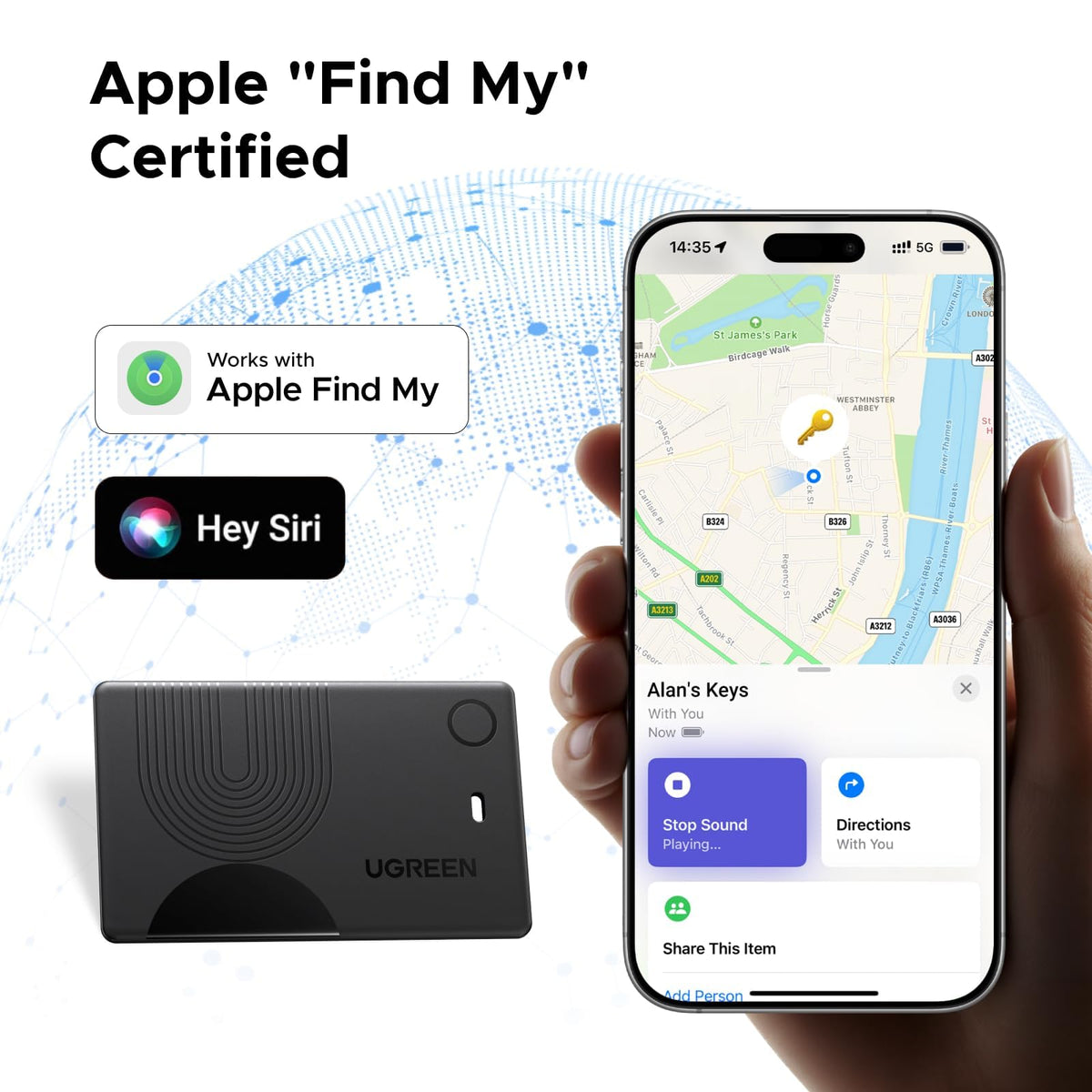 UGREEN FineTrack wallet-tracker-card on luggage during travel