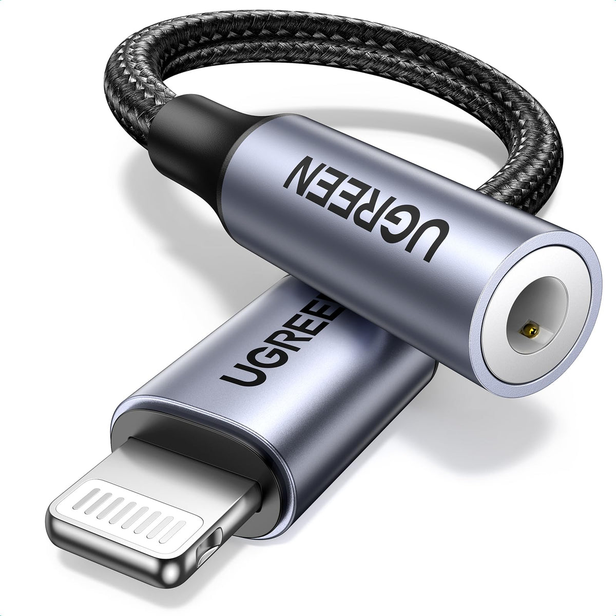 UGREEN headphone adapter closeup showing lightning to 3.5mm jack for crisp audio on iPhone.
