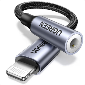 UGREEN headphone adapter closeup showing lightning to 3.5mm jack for crisp audio on iPhone.