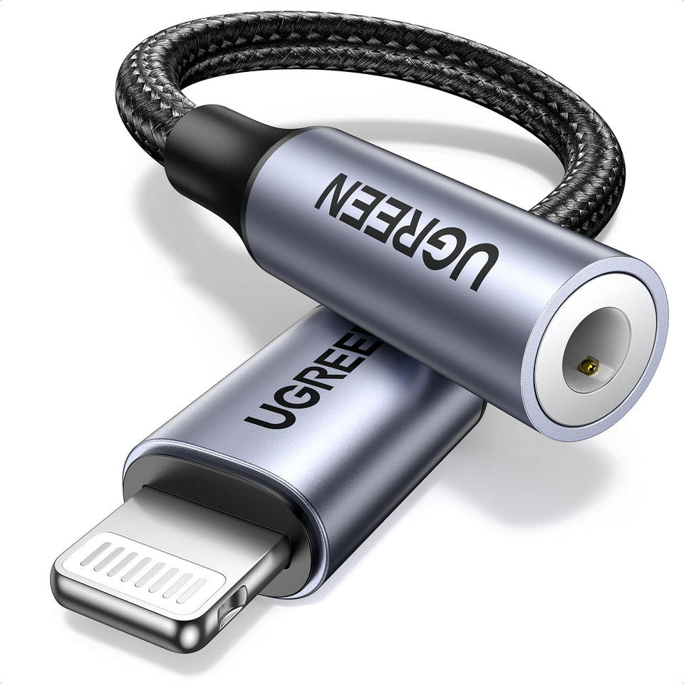 UGREEN headphone adapter closeup showing lightning to 3.5mm jack for crisp audio on iPhone.