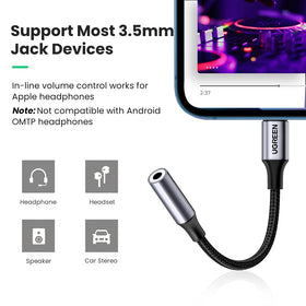 UGREEN audio output detail highlights clear sound with inline control compatibility.
