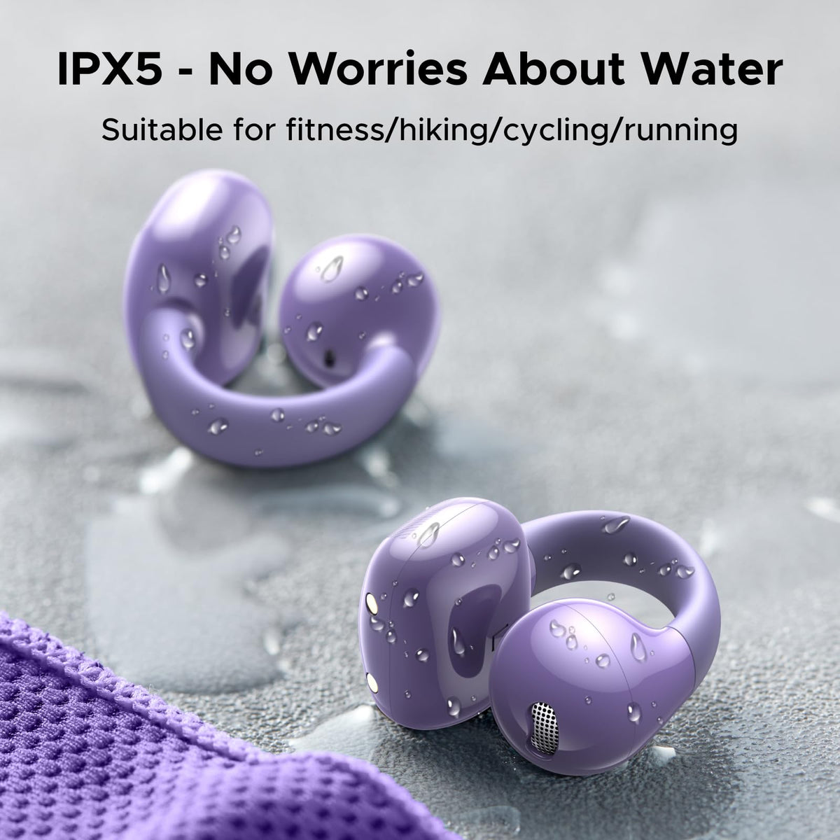 UGREEN HiTune S3 with water droplets, highlights IPX5 sweat resistance