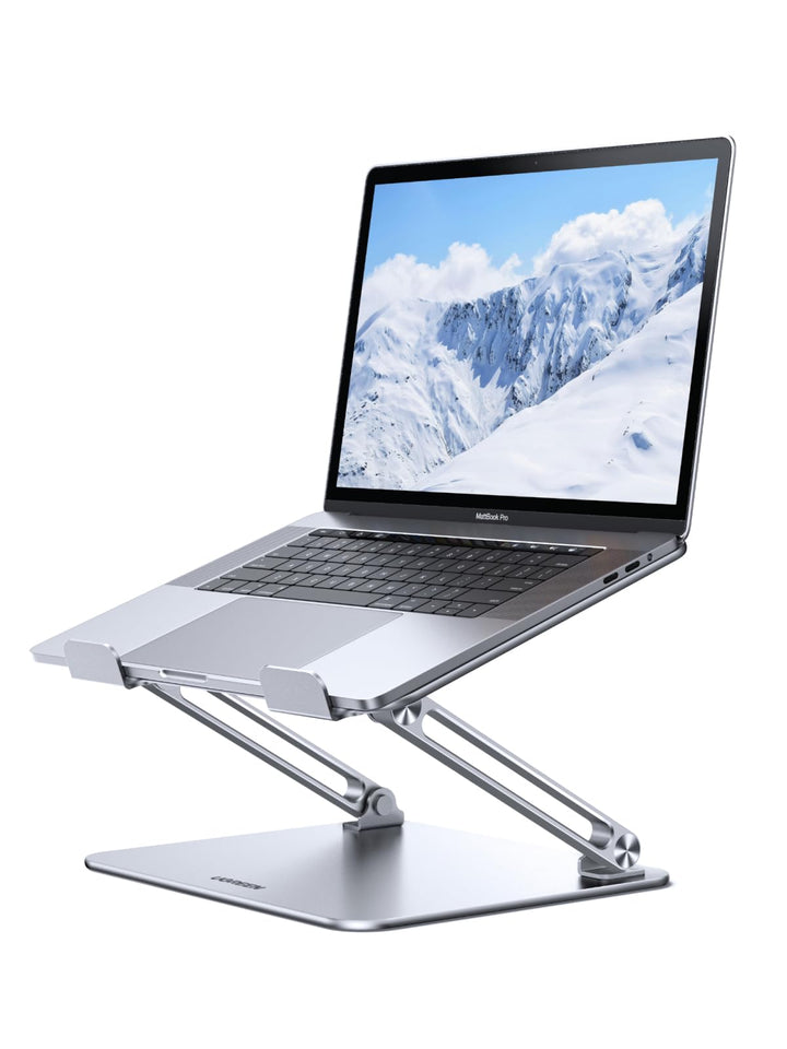 UGREEN laptop stand front view showing stable base and aluminum finish benefiting desk organization