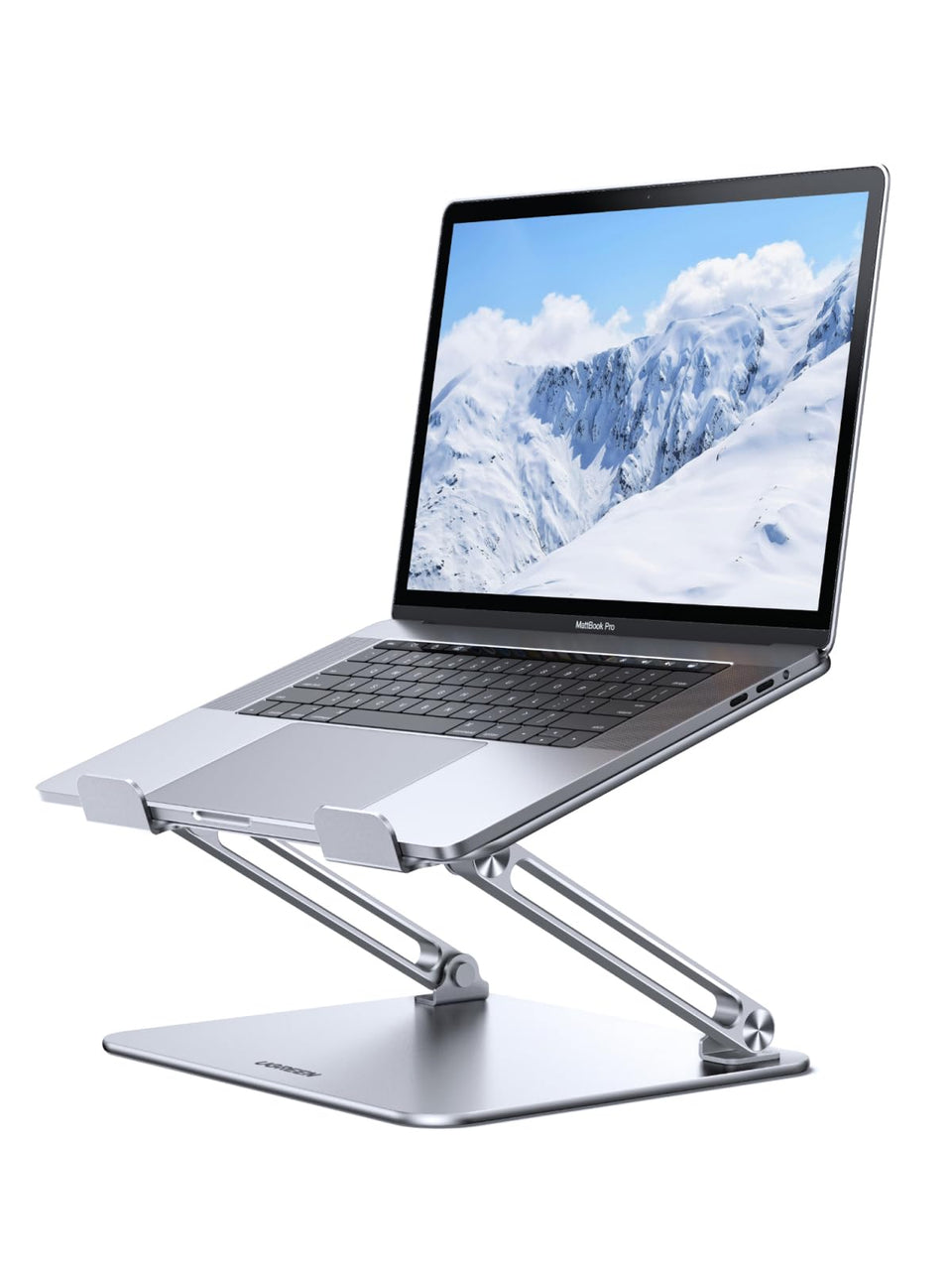UGREEN laptop stand front view showing stable base and aluminum finish benefiting desk organization