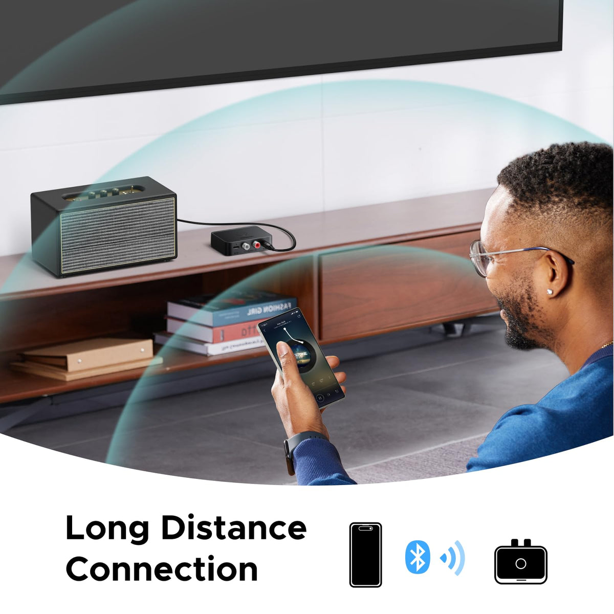 UGREEN in a living room lifestyle scene with speakers, showing modern audio integration benefit