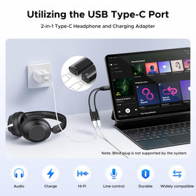 UGREEN magnetic USB-C splitter in use with headphones and charger for simultaneous audio and power.