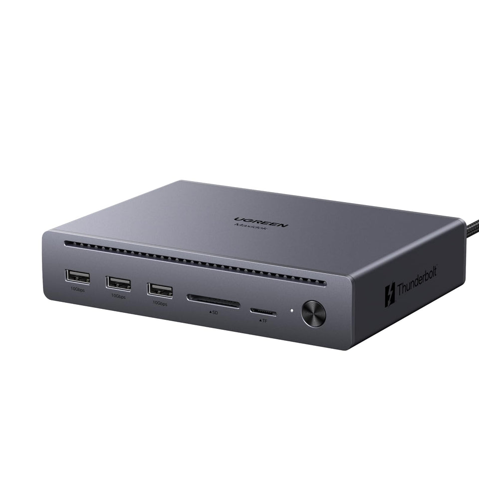 UGREEN Maxidok Thunderbolt 5 hub front view with premium aluminum for portable use