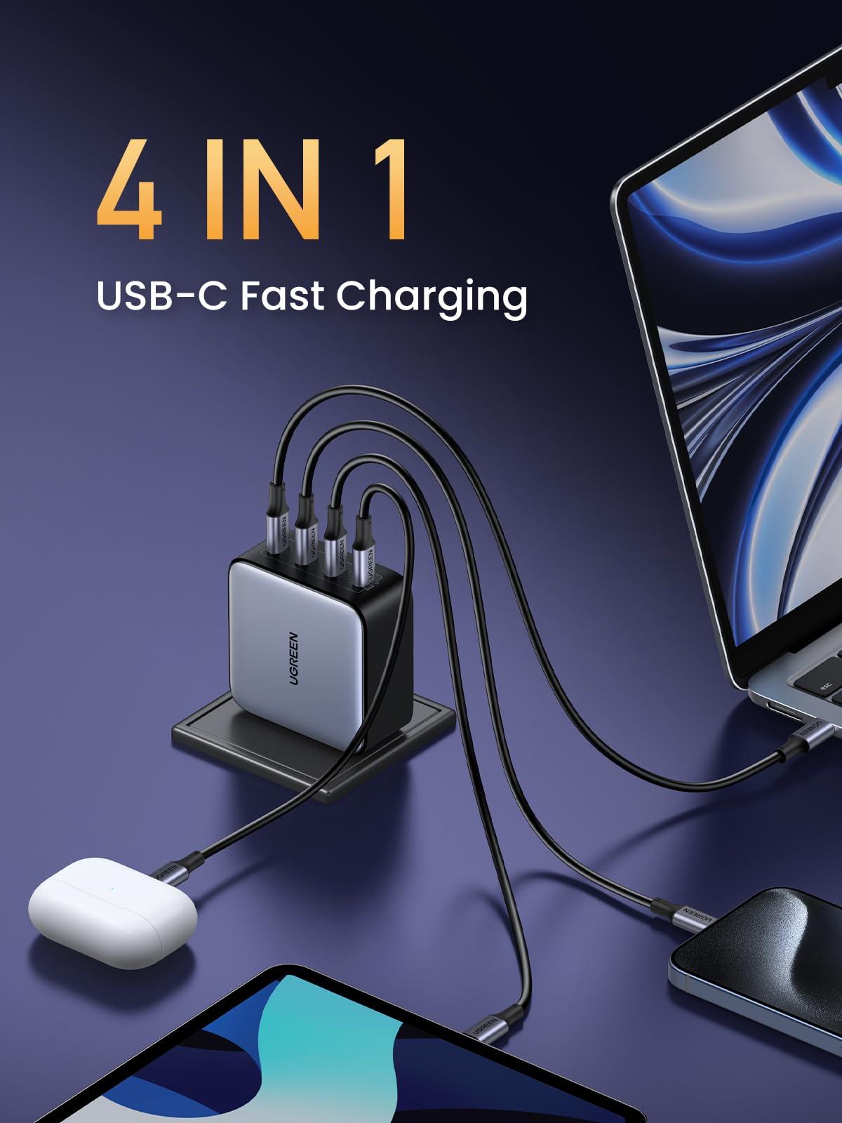 UGREEN Nexode closeup of USB-C ports, highlighting port labels and fast-charging capability