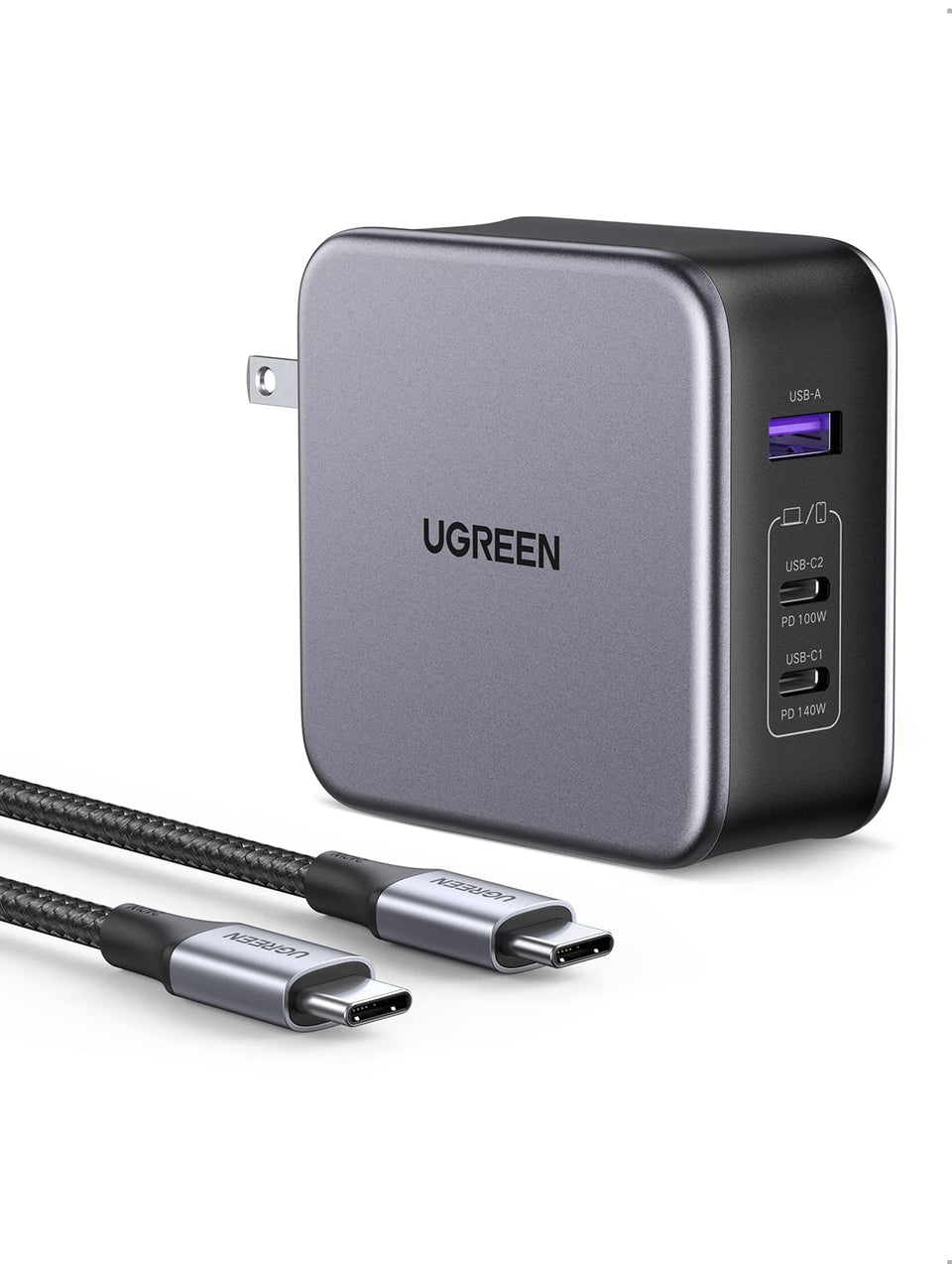 UGREEN Nexode 140W charger front view powering a MacBook Pro quickly