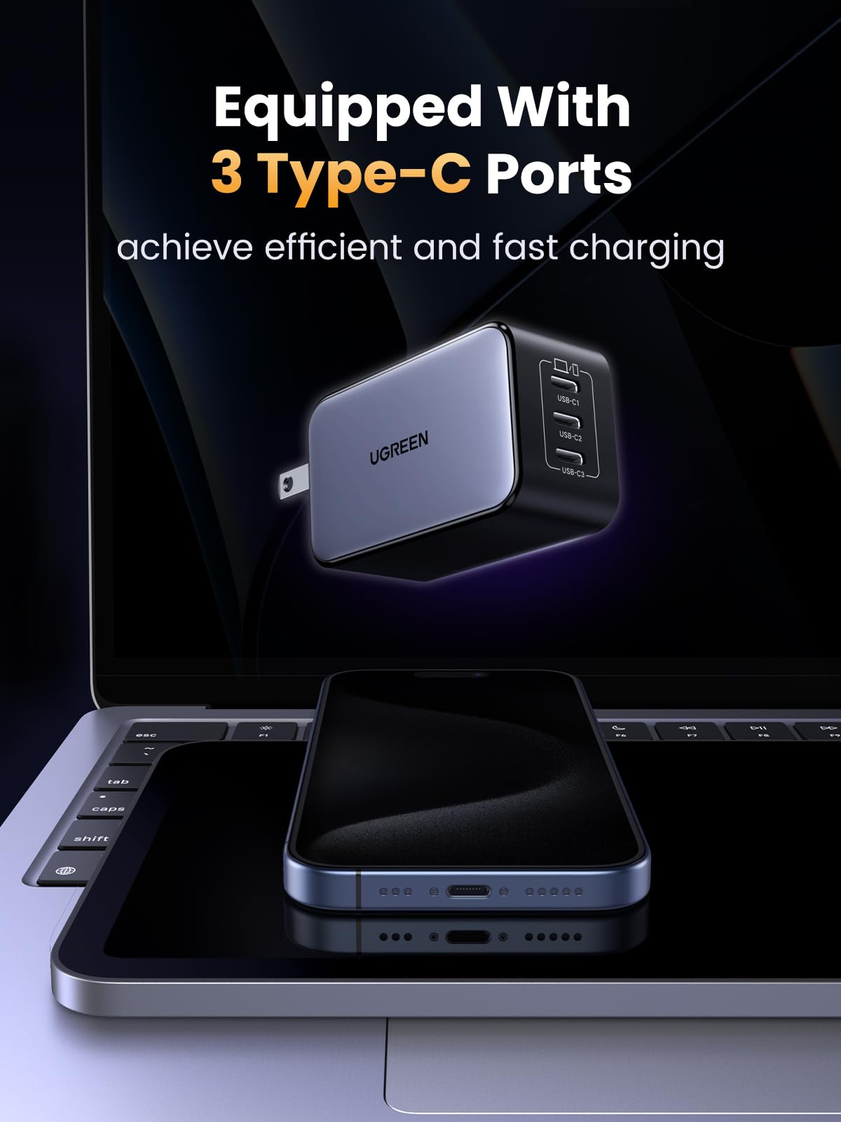 UGREEN Nexode 65W GaN charger back view showing foldable plug