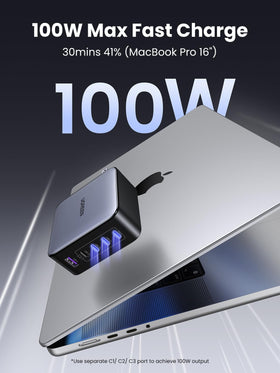 UGREEN Nexode close-up of USB-C and USB-A ports showing versatile fast-charging
