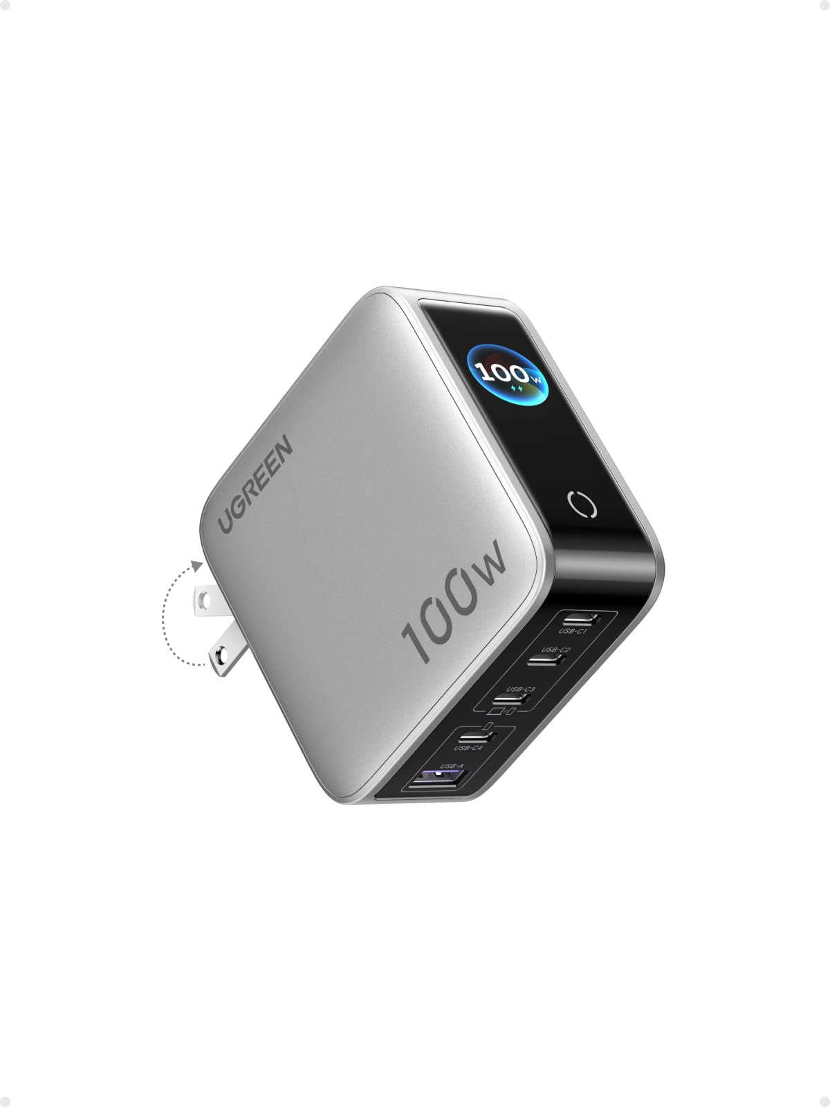 UGREEN Nexode Pro 100W GaN USB-C Charger display shows real-time charge data