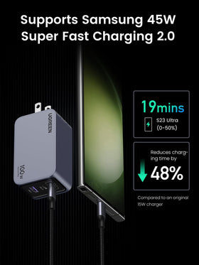 UGREEN Nexode Pro surface texture and label emphasizing GaNInfinity efficiency benefit
