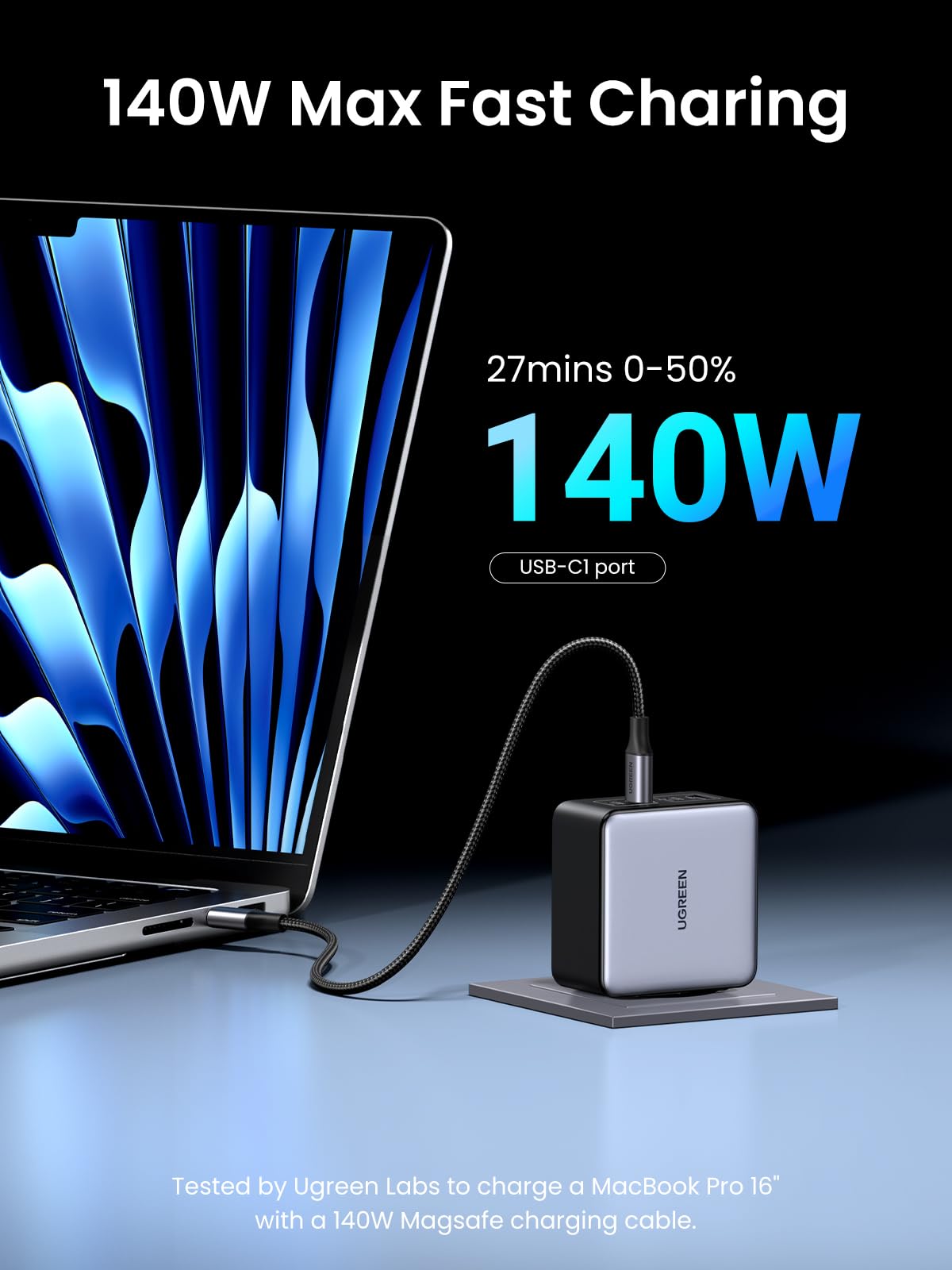 Close-up of UGREEN Nexode X 160W ports showing three USB-C and one USB-A for multi-device charging