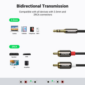 UGREEN 3.5mm to RCA Y splitter enables flexible home and studio connections.
