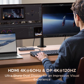UGREEN Revodock Pro connected to DP and HDMI monitors for multi-monitor high-refresh productivity