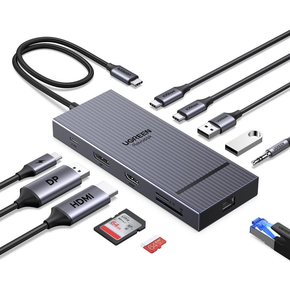UGREEN Revodock Pro front view showing ports and compact aluminum chassis for durable workstations