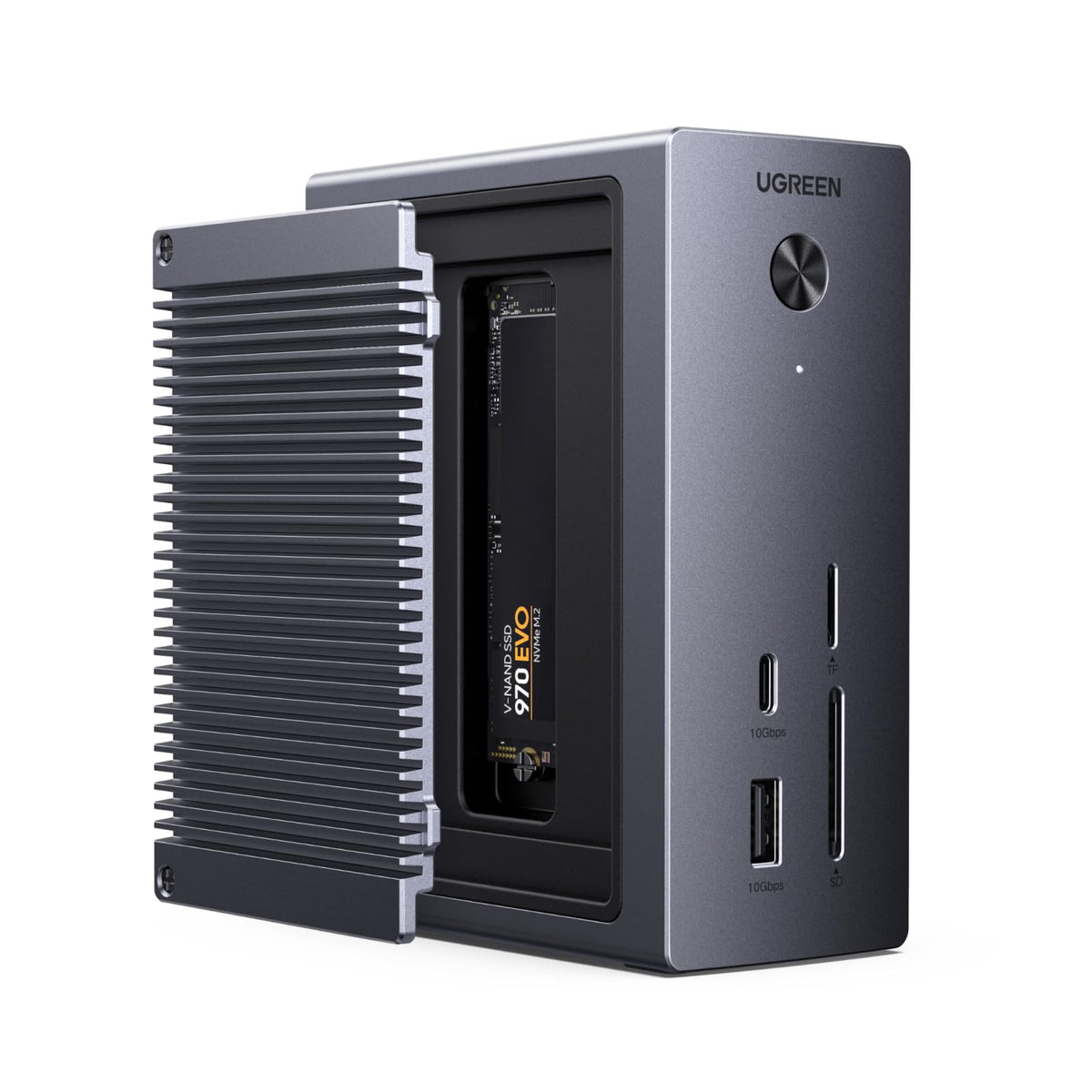 UGREEN Revodok 10-in-1 hub front view with versatile ports for quick setup