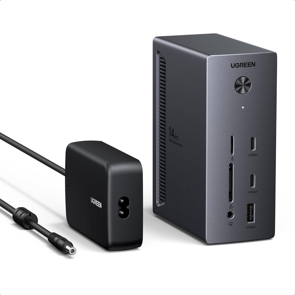 UGREEN Revodok Pro 314 front view with triple-monitor ports for Windows laptops.