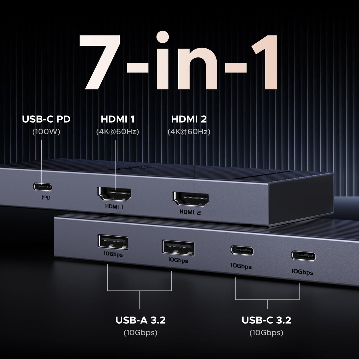 UGREEN Revodok Pro side ports close-up showing HDMI and USB ports for versatile connectivity