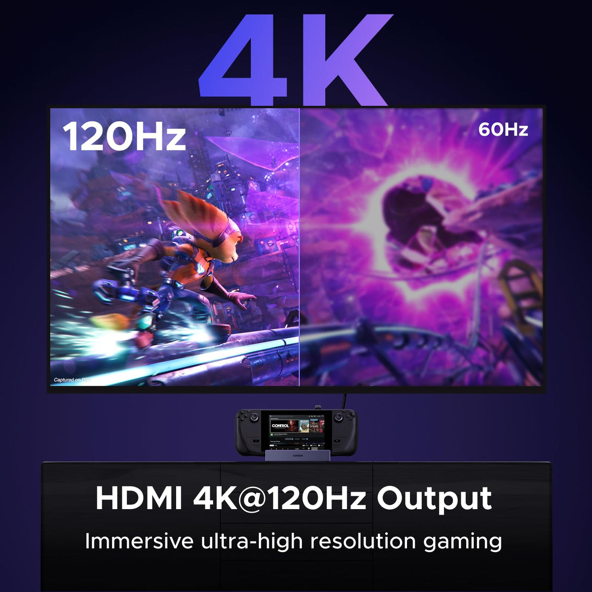 UGREEN dock connected to a 4K monitor via HDMI, delivering high-refresh visuals