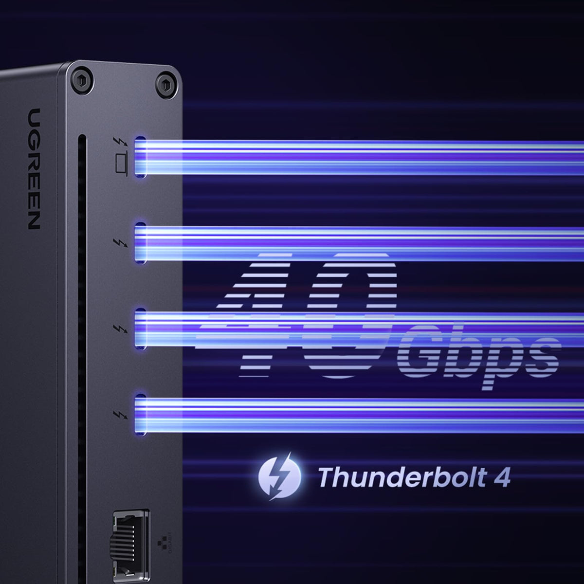 UGREEN Thunderbolt 4 Dock charging a laptop with 85W capability for all-day power.
