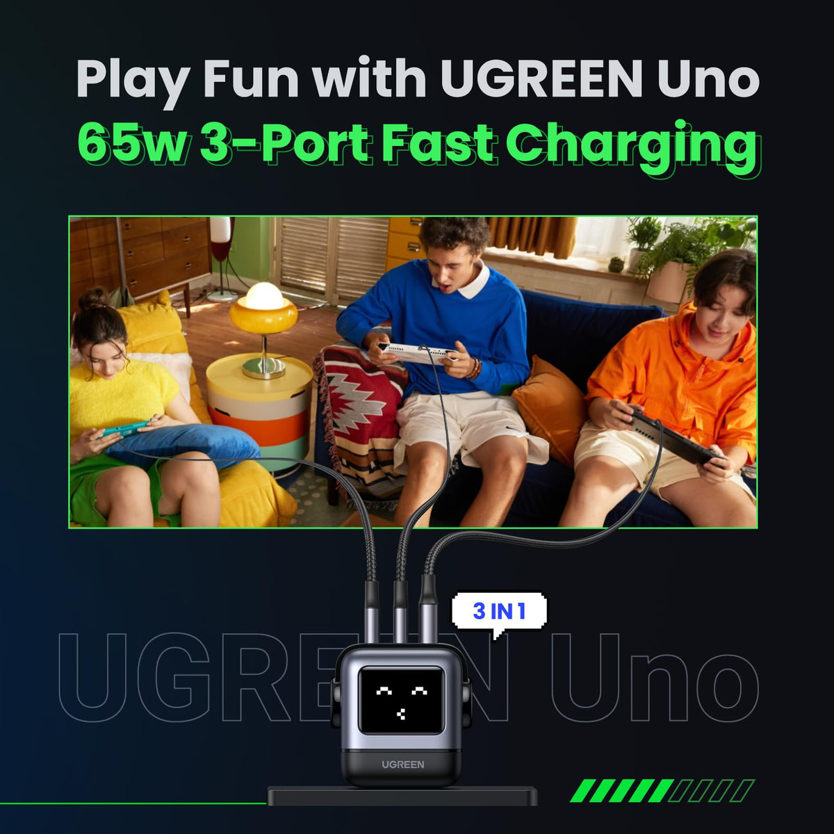 UGREEN Uno top view showing two USB‑C and one USB‑A ports for versatile charging benefit
