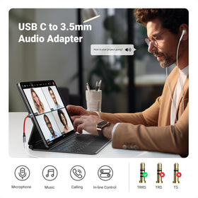 UGREEN USB C headphone adapter in hand with inline controls for music