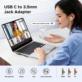 UGREEN USB-C headphone dongle in use with a 3.5mm headset for versatile listening.