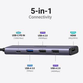 UGREEN USB-C hub 100W PD port enables high-power charging while connected.