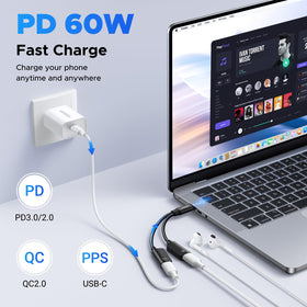 UGREEN USB-C splitter demonstrating 60W PD fast charging capability.