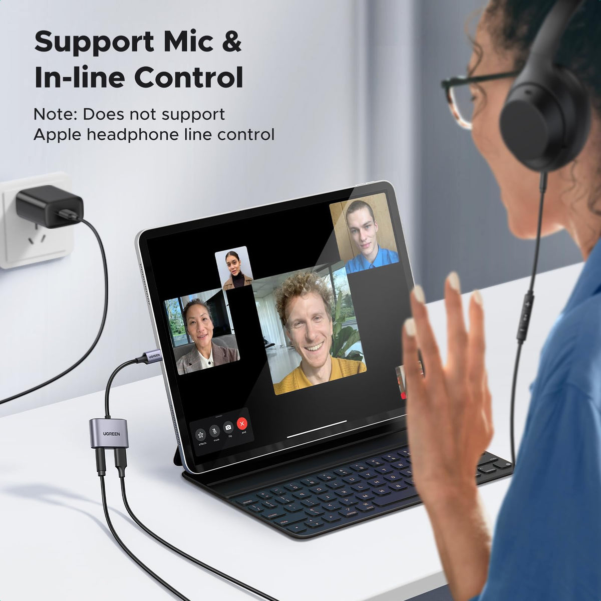 UGREEN USB-C to 3.5mm adapter in use with laptop charges while listening