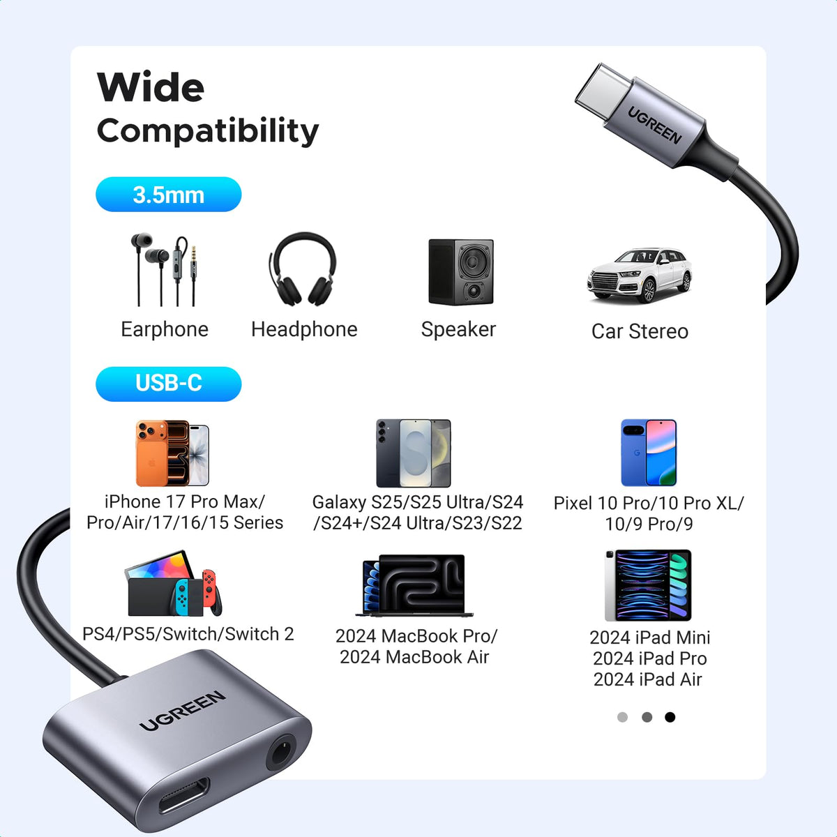 UGREEN USB-C to 3.5mm adapter PD60W charging badge enables fast power