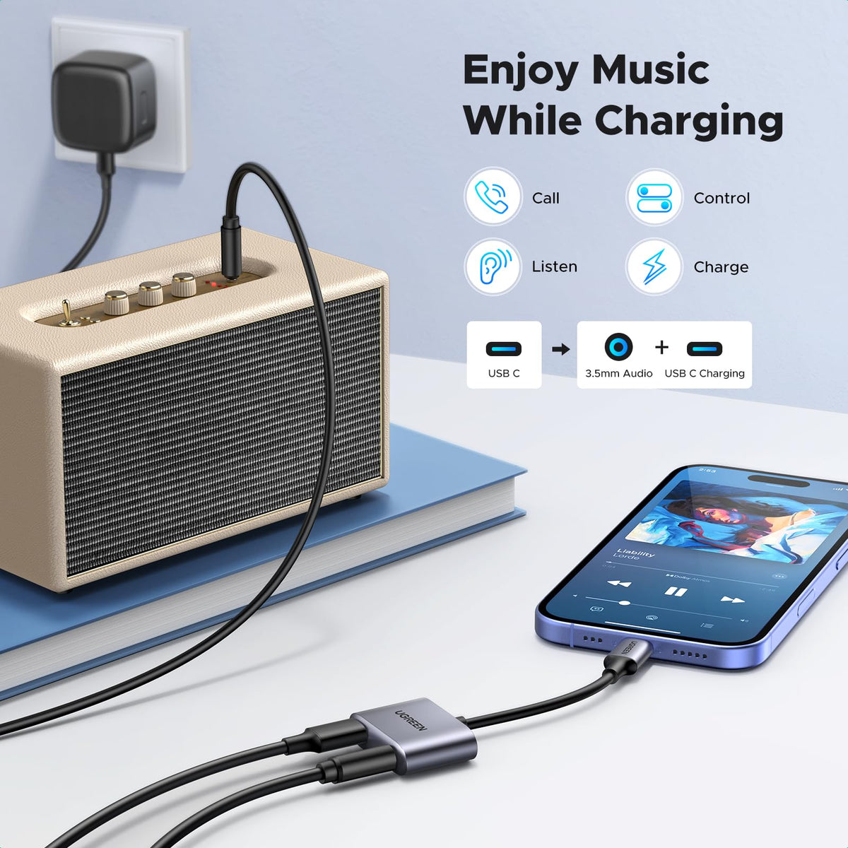 UGREEN USB-C to 3.5mm adapter side profile compact travel-ready design