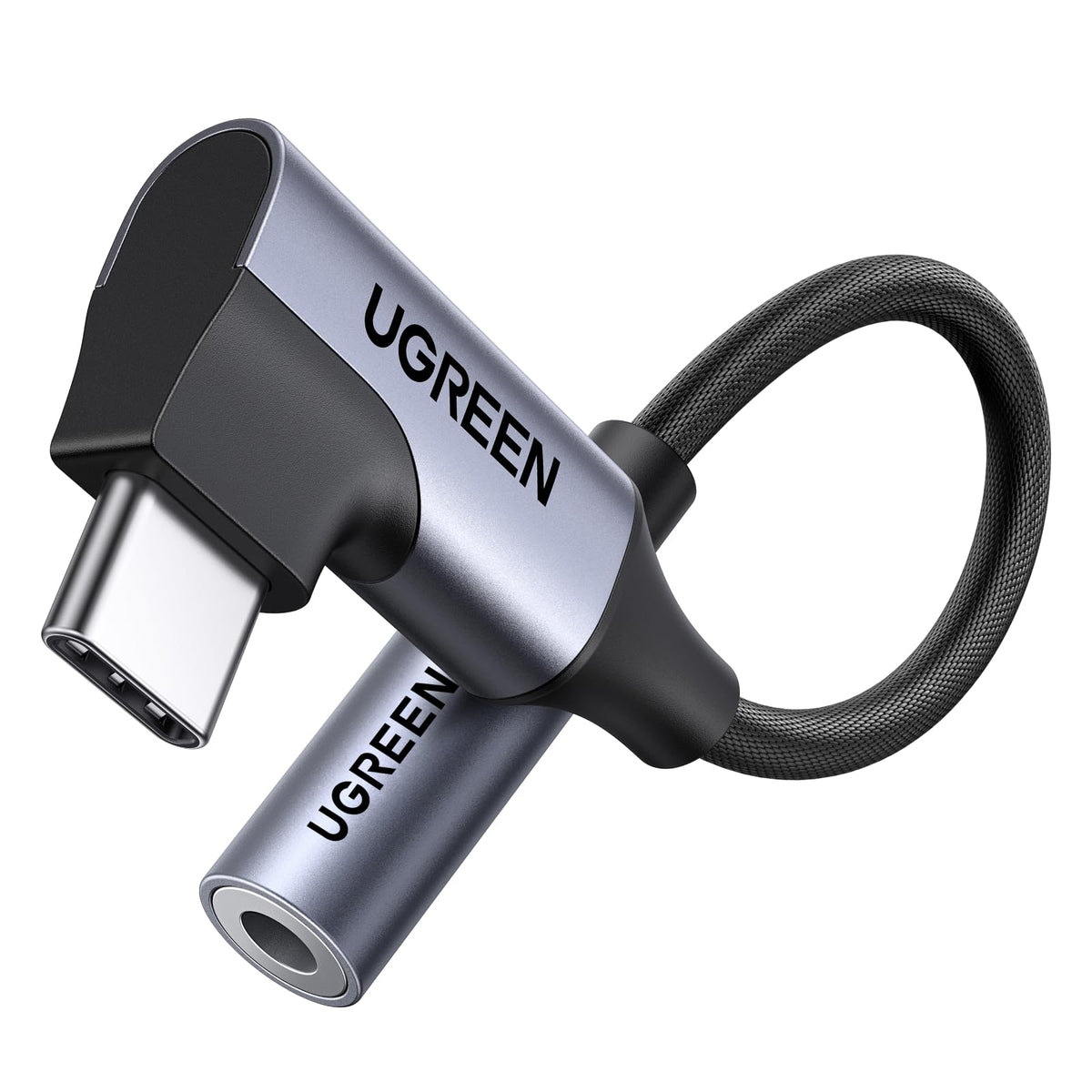 UGREEN USB-C to 3.5mm right-angle dongle shown with compact, space-saving design for comfortable use.